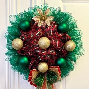 Green/Gold/Red Plaid Christmas Wreath
